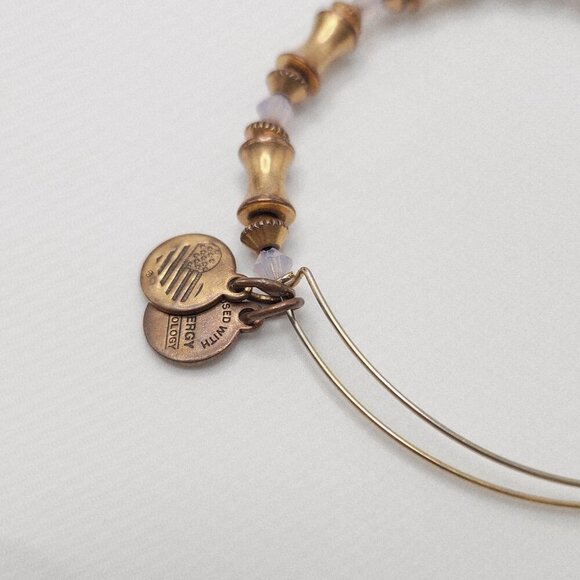 Alex and Ani Rose Quartz Beaded Expendable Aged Gold Tone Bangle Bracelet - Picture 2 of 3